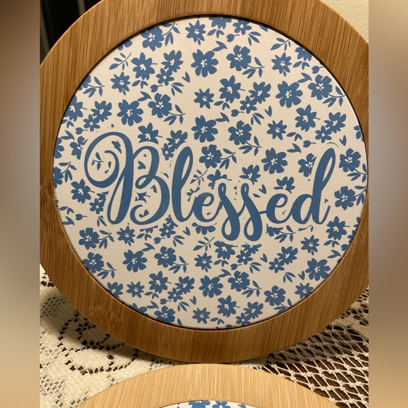 Other - NWOT! 2 “BLESSED” TRIVETS Wood/ceramic with blue floral pattern